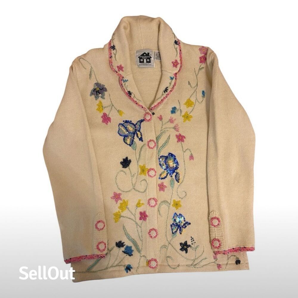 Storybook Knits Women's XS Floral Embellished Cardigan Sweater Vintage